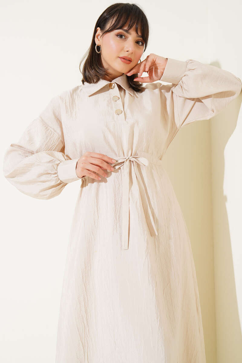 Crinkle Half-Button Dress - Beige