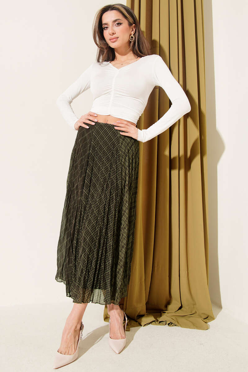 Crinkled Plaid Chiffon Midi Skirt - Khaki