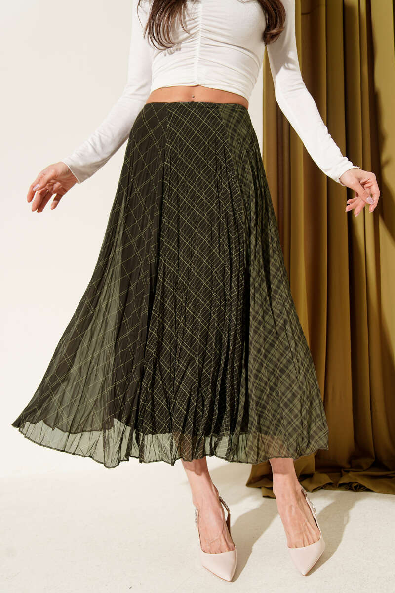 Crinkled Plaid Chiffon Midi Skirt - Khaki