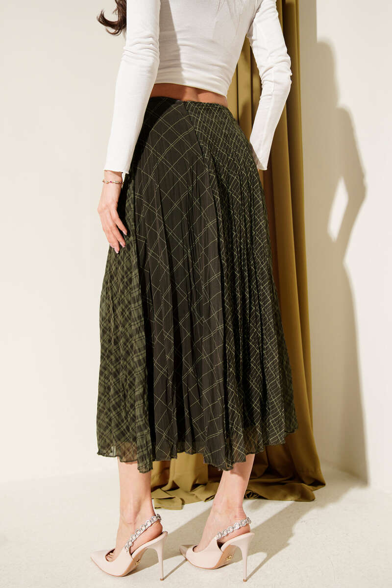 Crinkled Plaid Chiffon Midi Skirt - Khaki