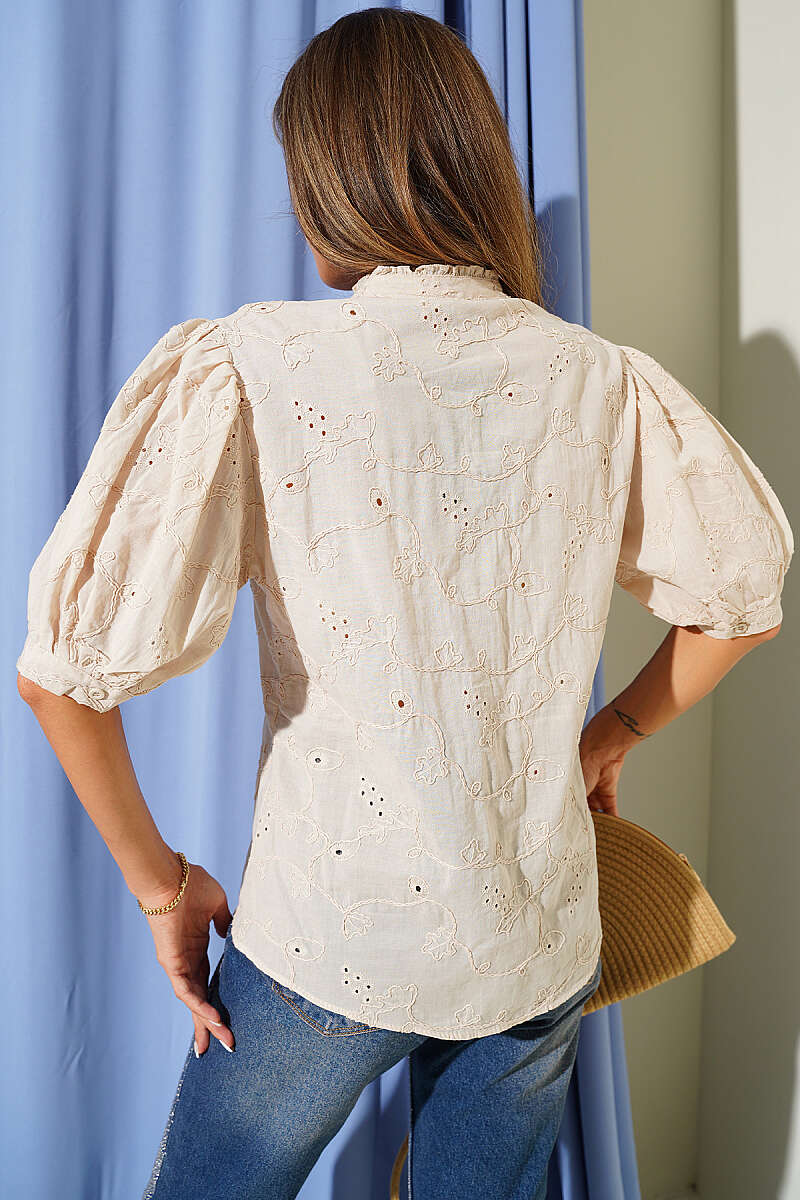 Short Puff-Sleeve Broderie Shirt - Beige