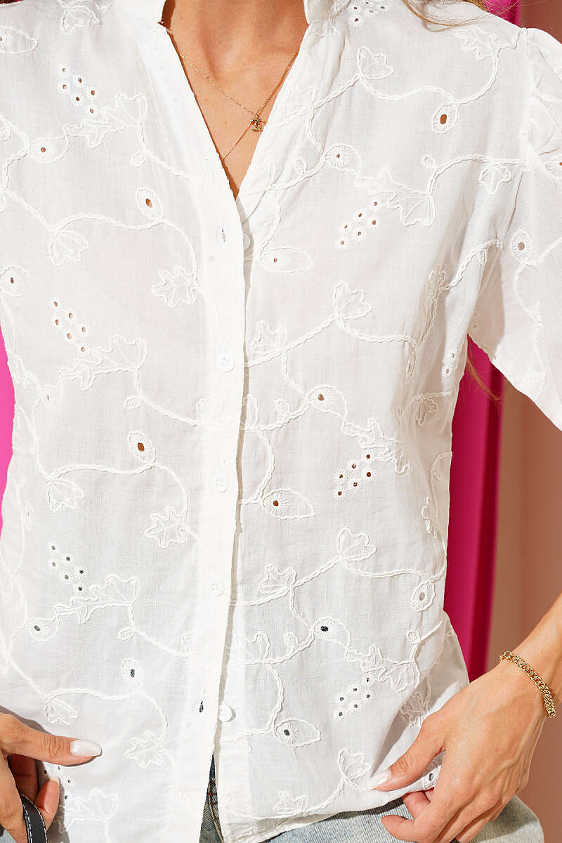 Short Puff-Sleeve Broderie Shirt - White