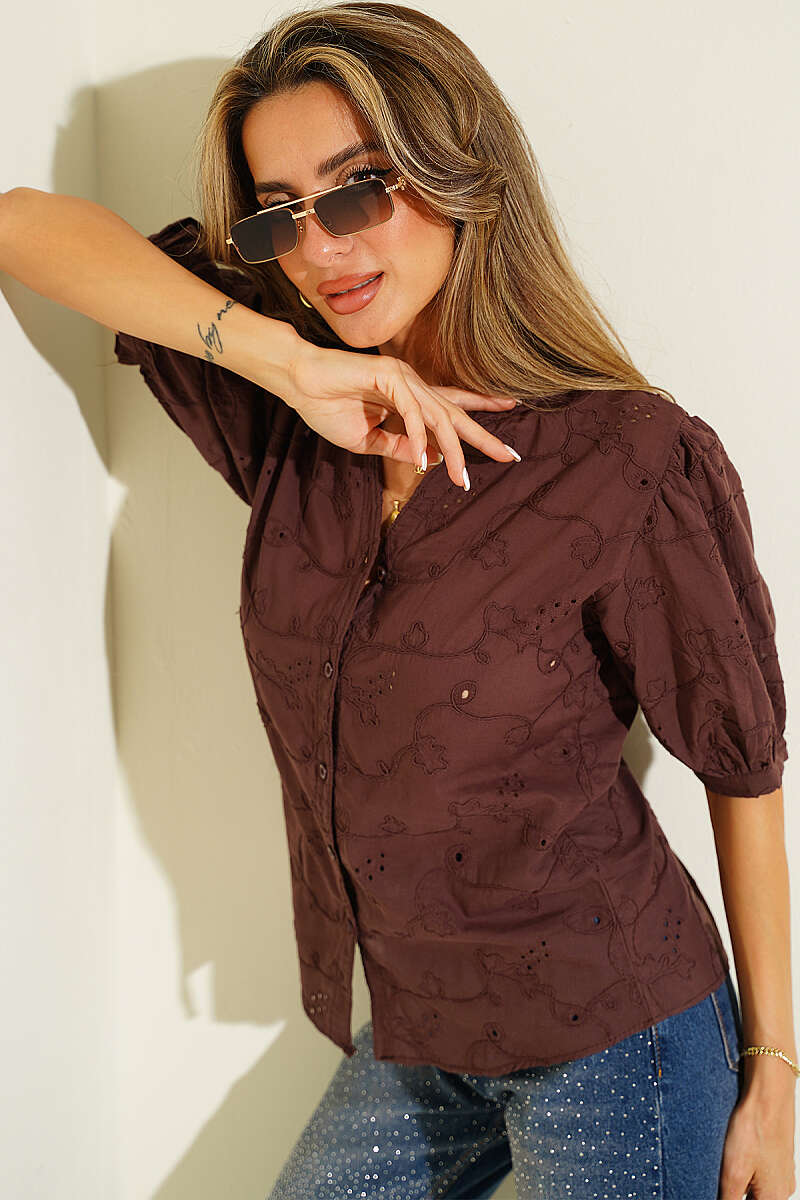 Short Puff-Sleeve Broderie Shirt - Brown