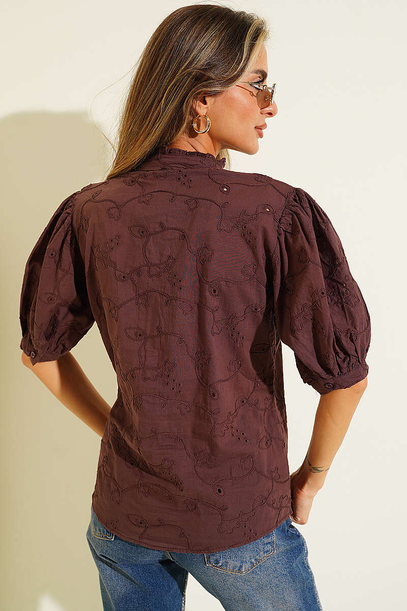 Short Puff-Sleeve Broderie Shirt - Brown