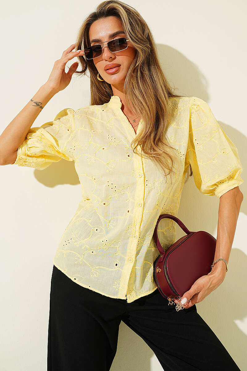 Short Puff-Sleeve Broderie Shirt - Yellow