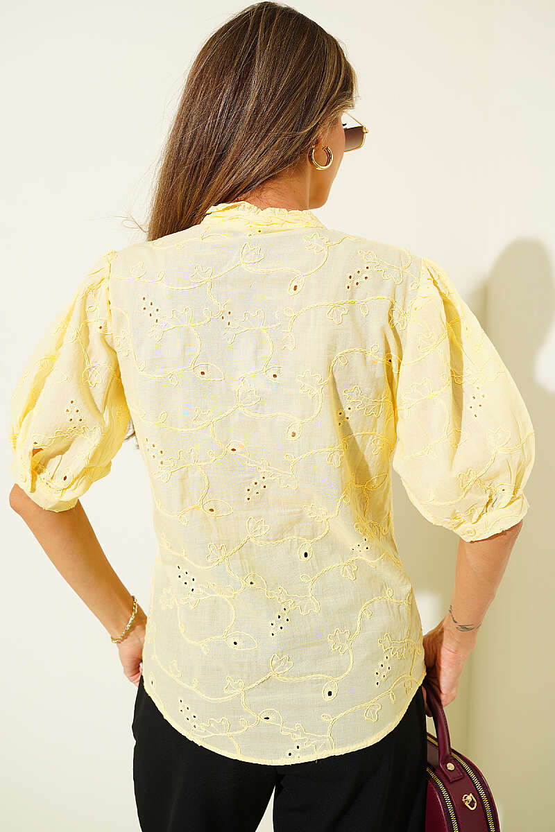 Short Puff-Sleeve Broderie Shirt - Yellow