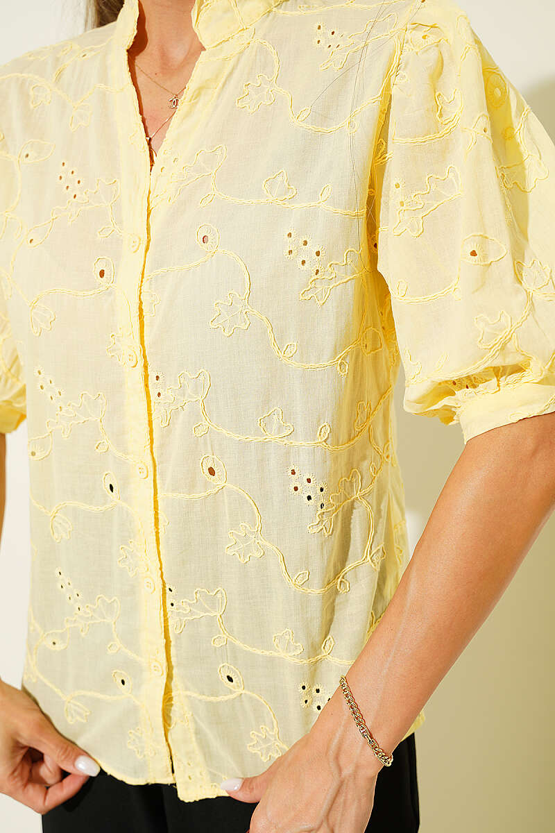 Short Puff-Sleeve Broderie Shirt - Yellow