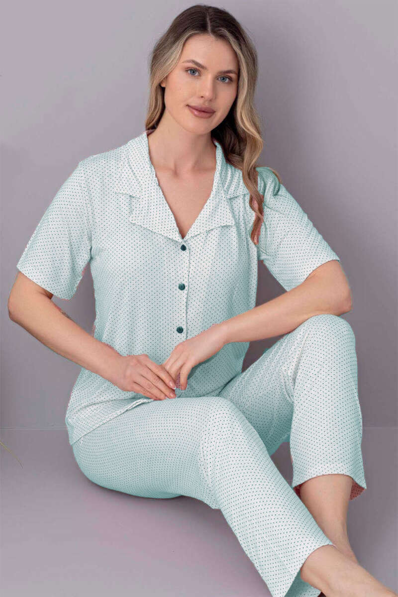 Short-Sleeve Polka Dot Button Pyjama Set - Mint