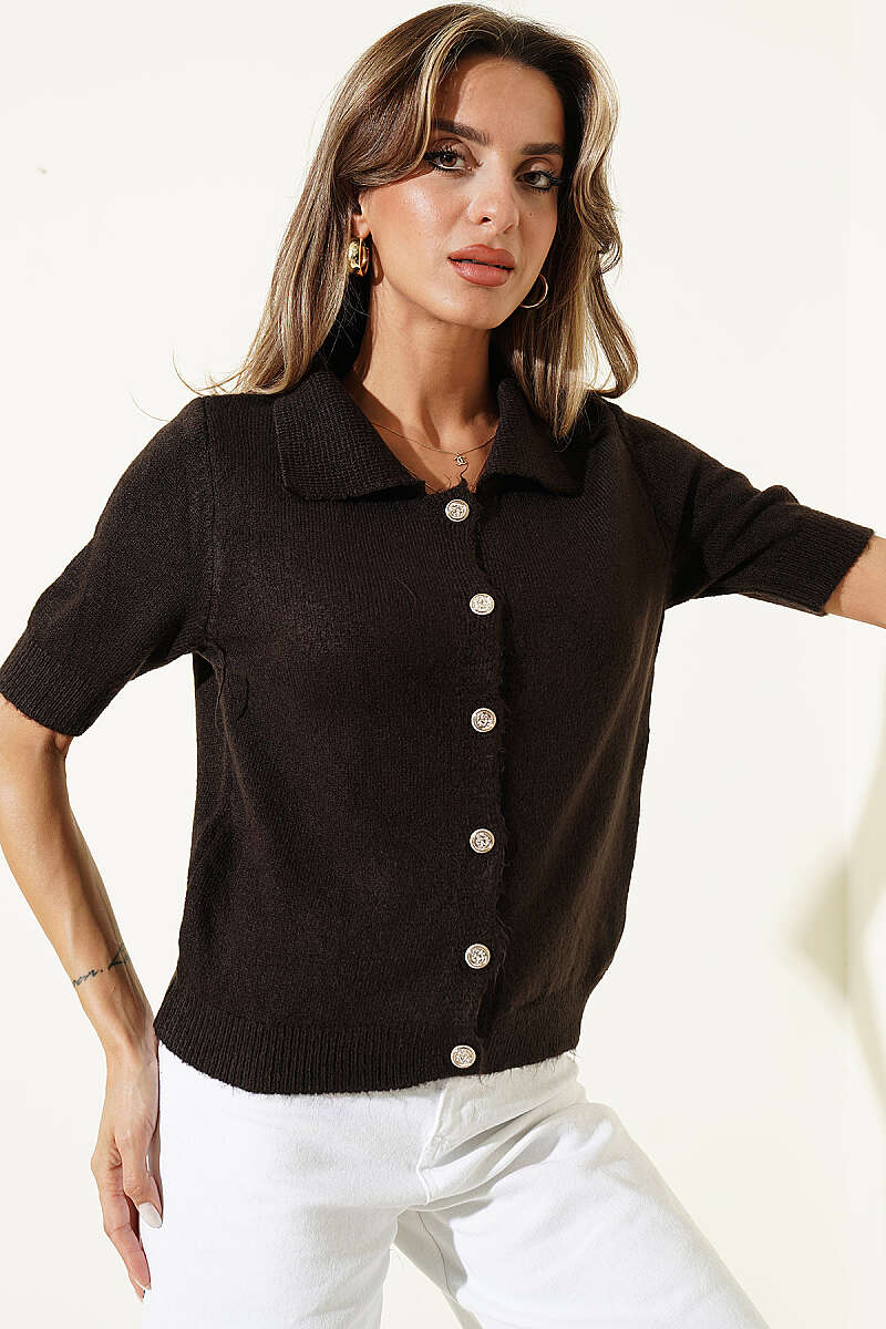 Short-Sleeve Button Knit Cardigan - Dark Brown