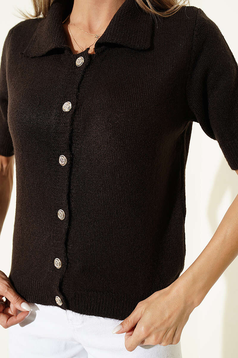 Short-Sleeve Button Knit Cardigan - Dark Brown