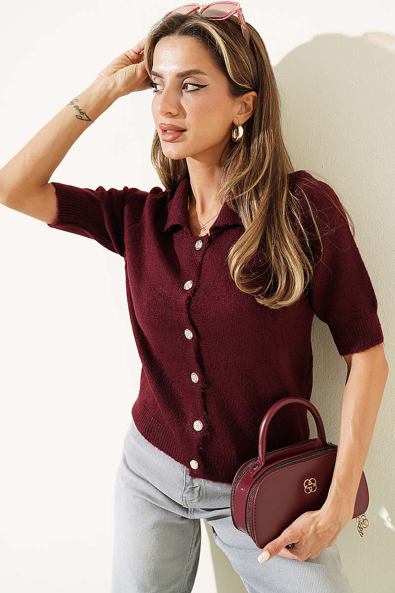 Short-Sleeve Button Knit Cardigan - Burgundy