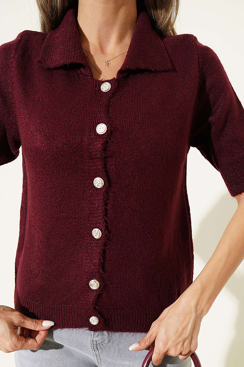 Short-Sleeve Button Knit Cardigan - Burgundy