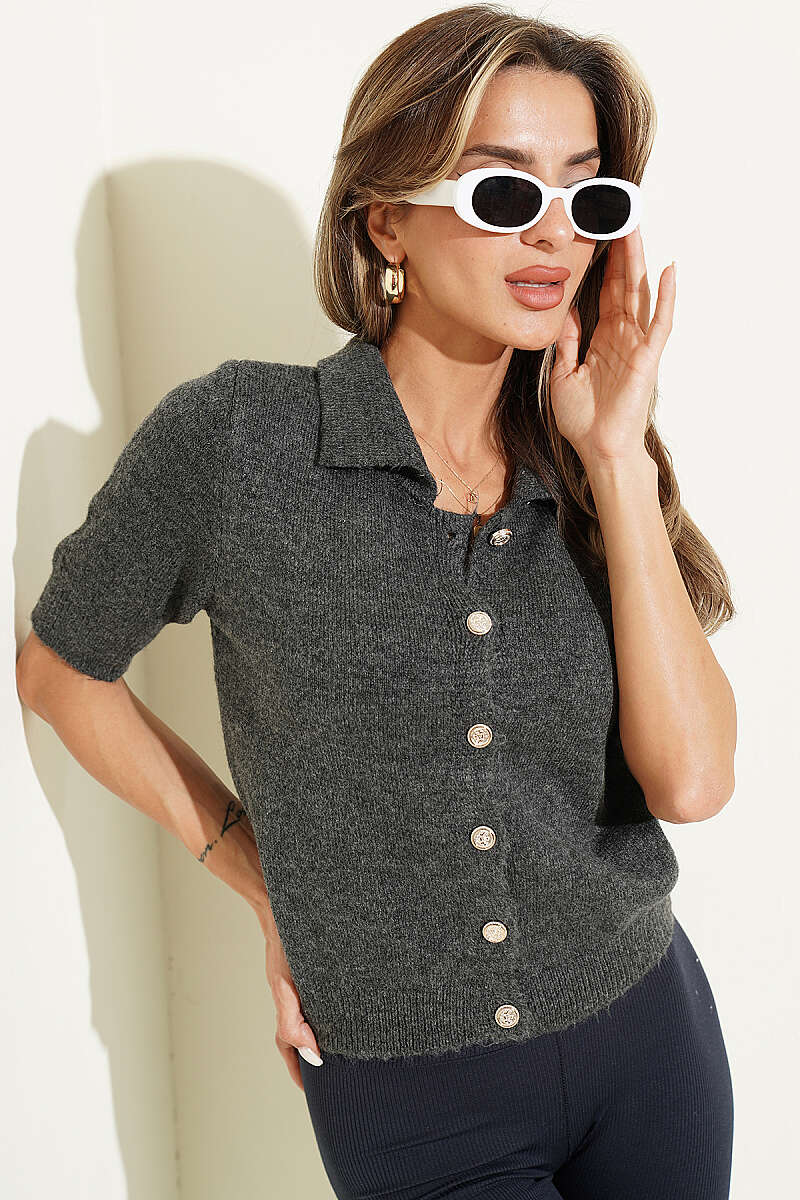 Short-Sleeve Button Knit Cardigan - Smoke Grey