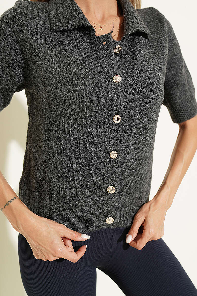 Short-Sleeve Button Knit Cardigan - Smoke Grey