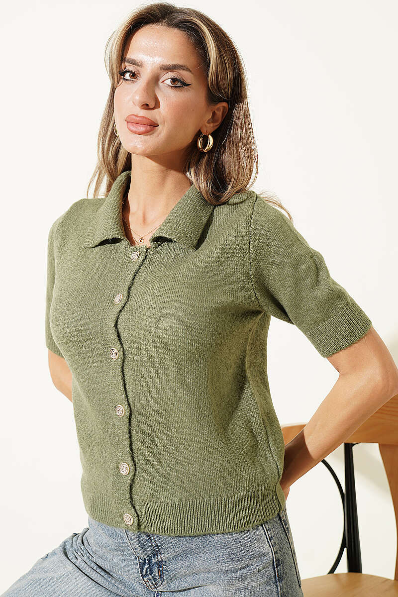 Short-Sleeve Button Knit Cardigan - Khaki