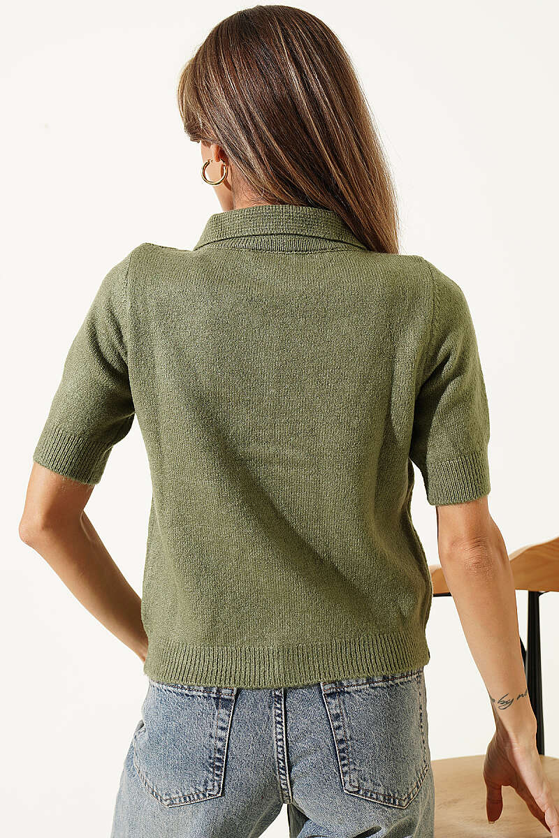 Short-Sleeve Button Knit Cardigan - Khaki