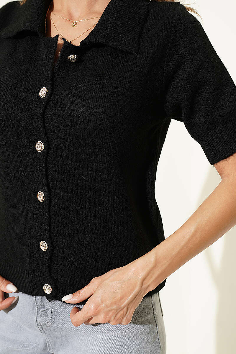 Short-Sleeve Button Knit Cardigan - Black