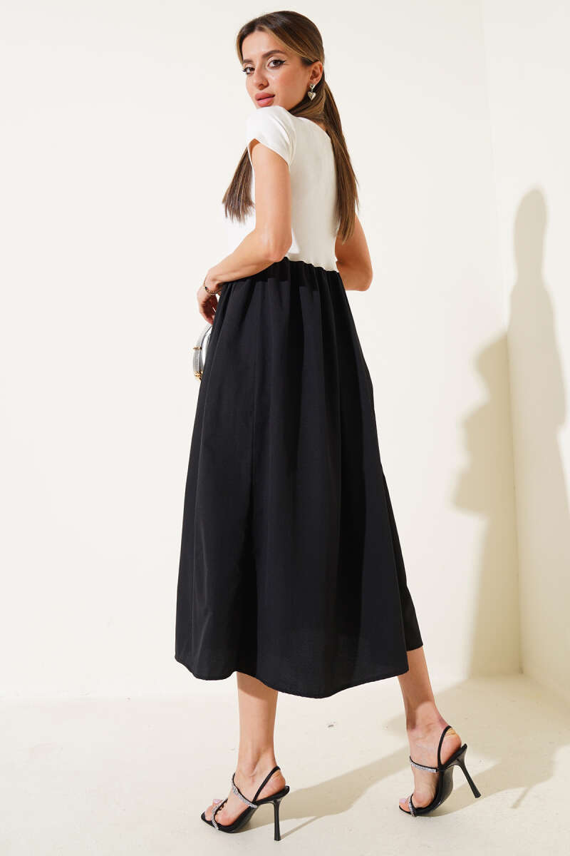 Short-Sleeve Midi Dress with Trim - Ecru