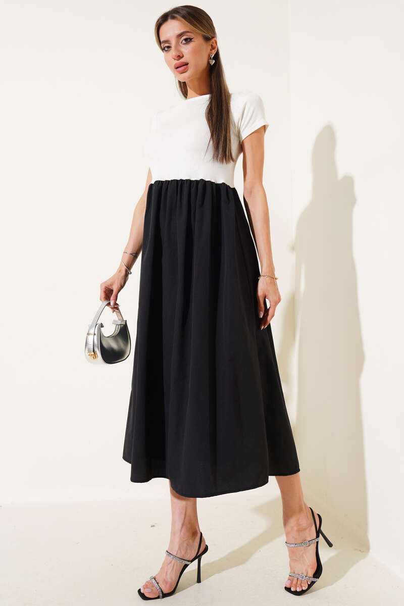 Short-Sleeve Midi Dress with Trim - Ecru