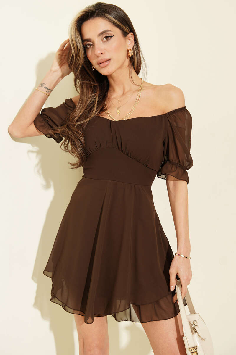 Short-Sleeve Chiffon Mini Dress - Brown
