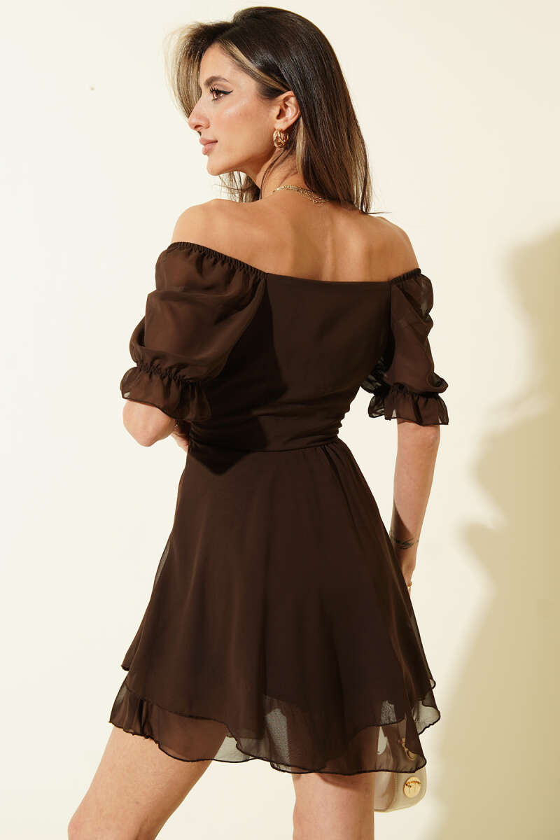 Short-Sleeve Chiffon Mini Dress - Brown