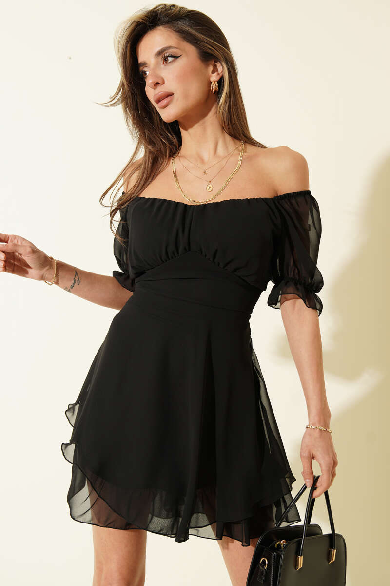 Short-Sleeve Chiffon Mini Dress - Black