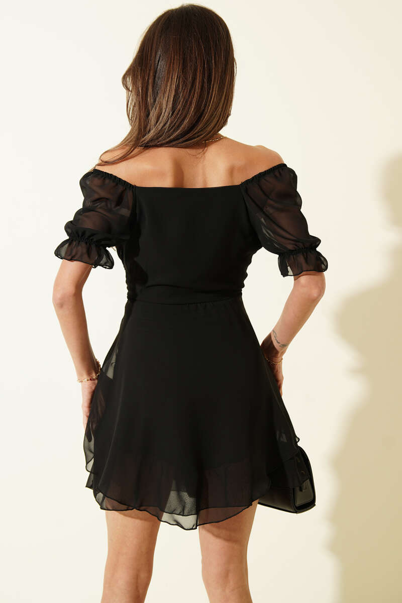 Short-Sleeve Chiffon Mini Dress - Black