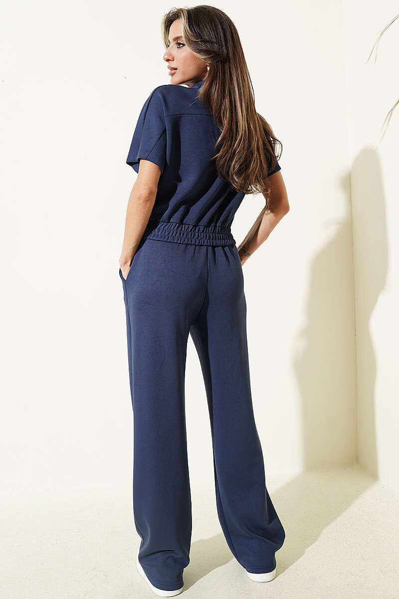 Short-Sleeve Two-Piece Set with Elastic Waist - Navy