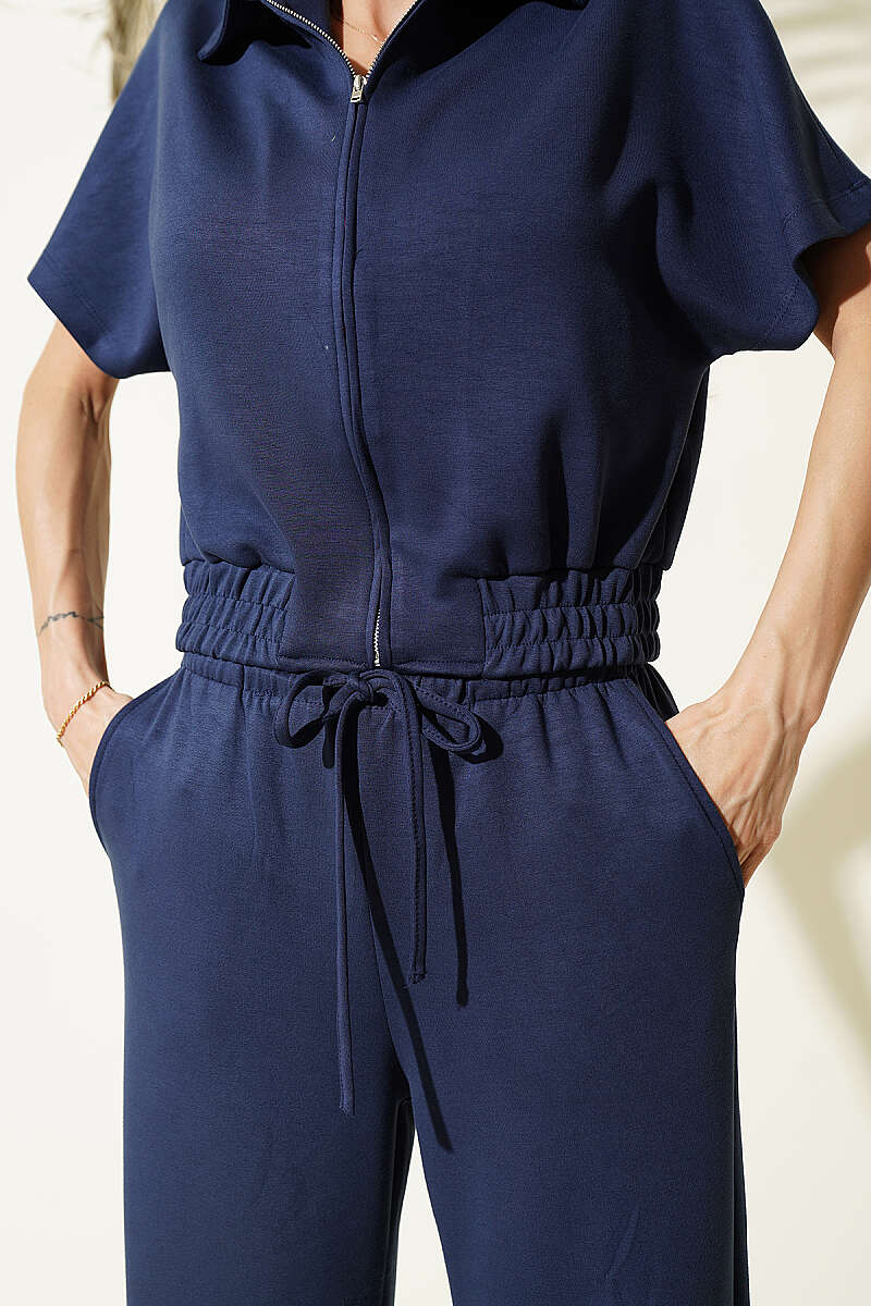 Short-Sleeve Two-Piece Set with Elastic Waist - Navy