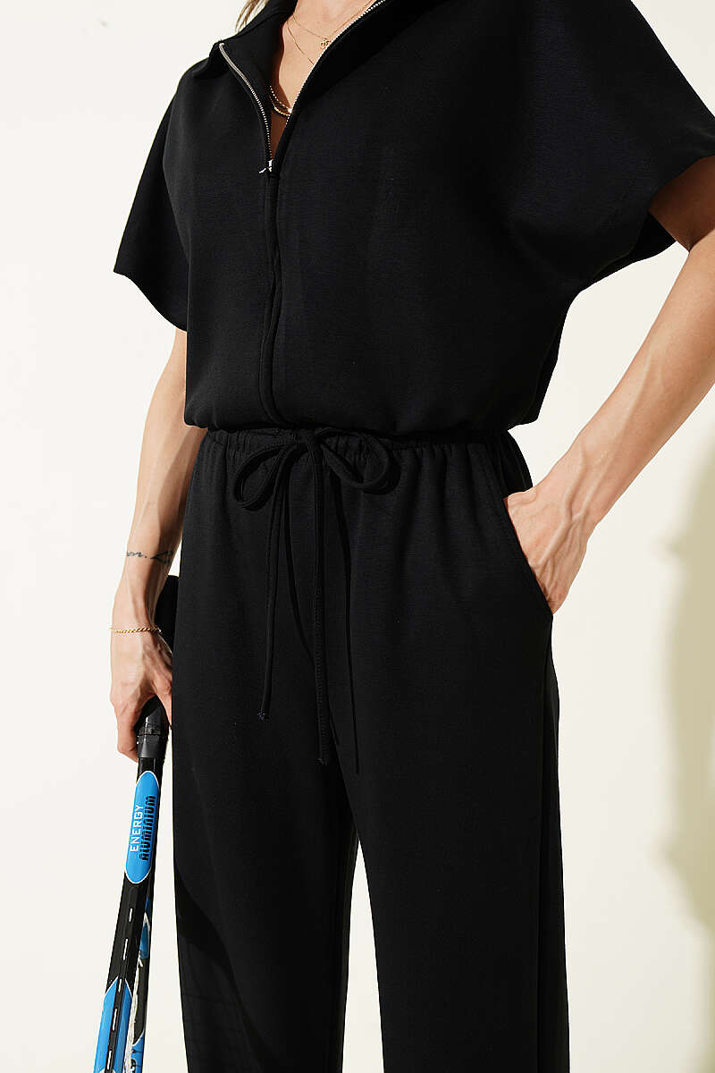 Short-Sleeve Two-Piece Set with Elastic Waist - Black