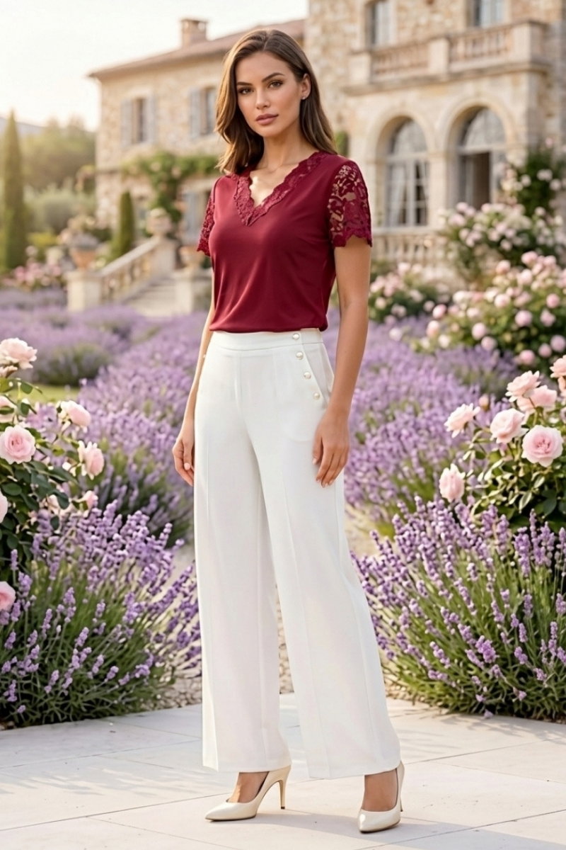 Short-Sleeve Lace Blouse - Burgundy