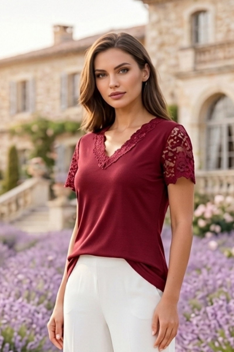 Short-Sleeve Lace Blouse - Burgundy