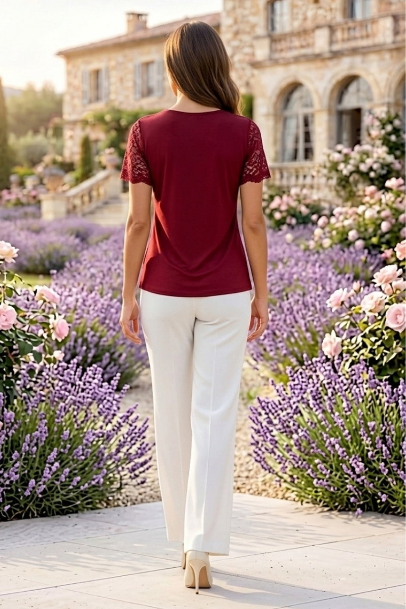 Short-Sleeve Lace Blouse - Burgundy