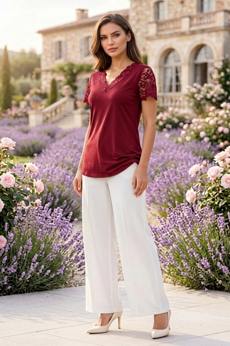 Short-Sleeve Lace Blouse - Burgundy