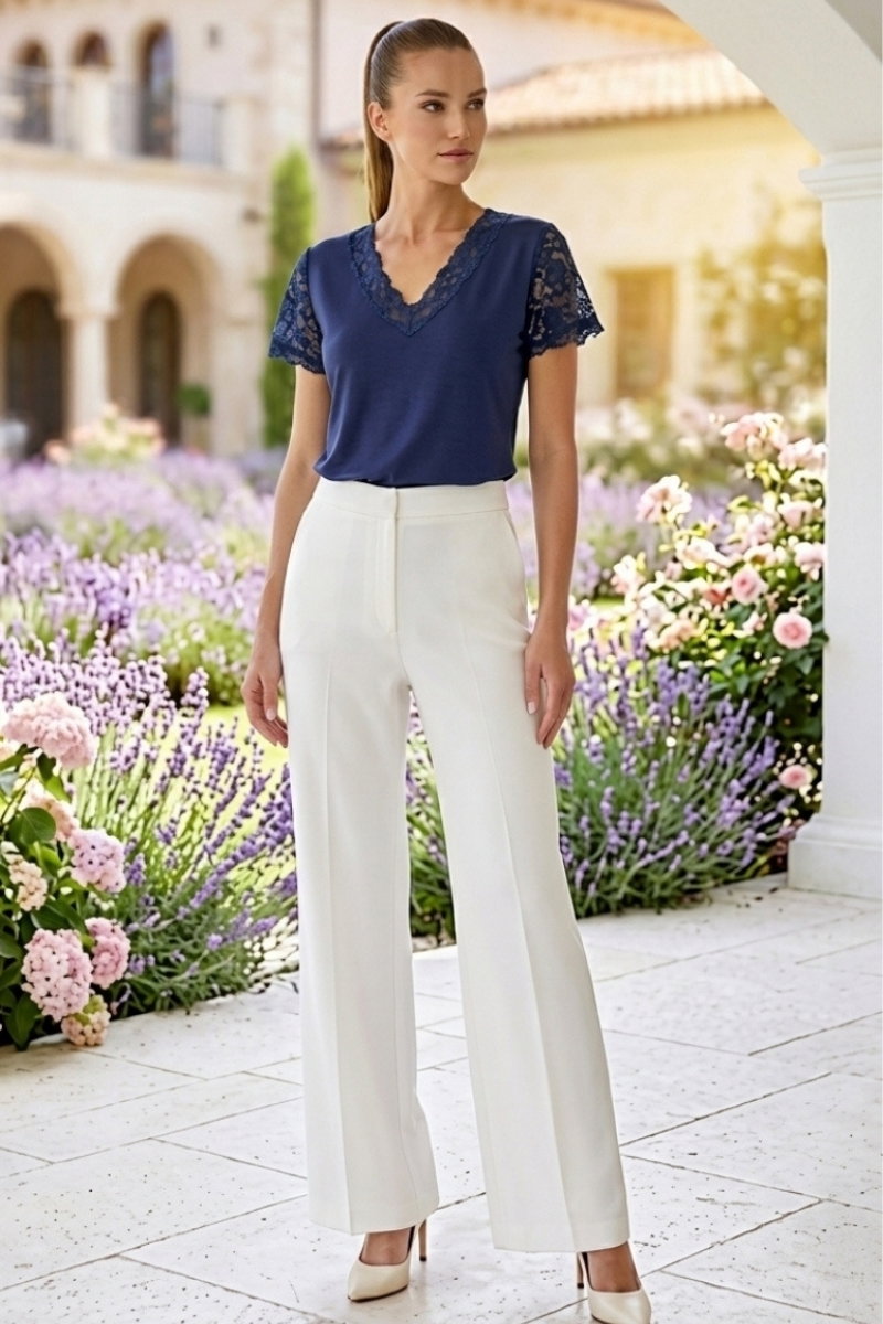 Short-Sleeve Lace Blouse - Navy
