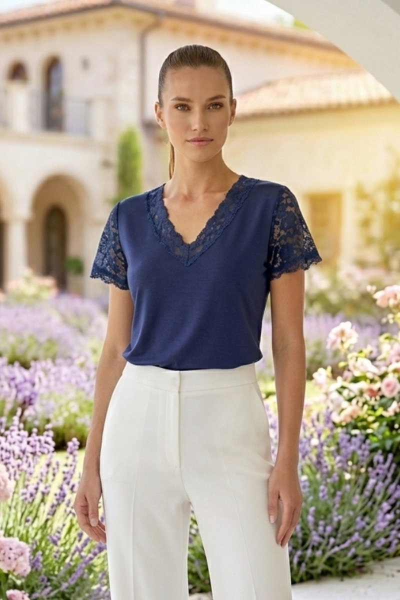 Short-Sleeve Lace Blouse - Navy