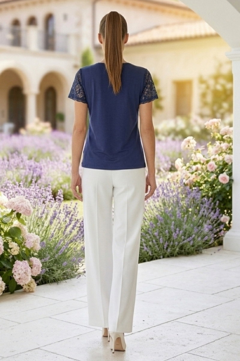 Short-Sleeve Lace Blouse - Navy