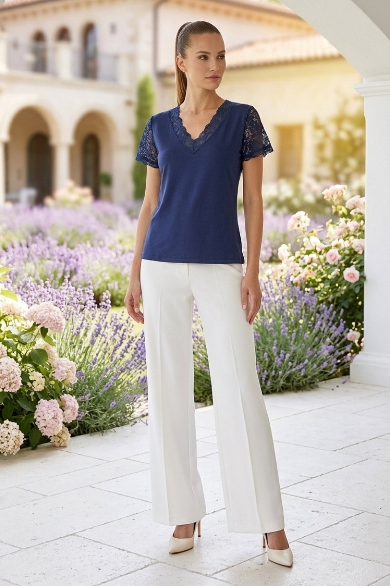 Short-Sleeve Lace Blouse - Navy