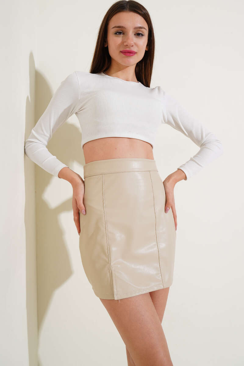 Short Faux Leather Skirt with Slit - Beige