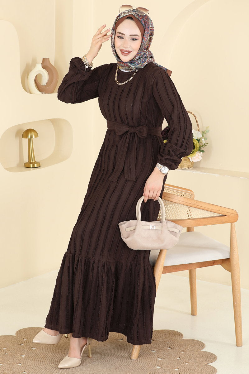 Classic Long Striped Dress - Light Brown