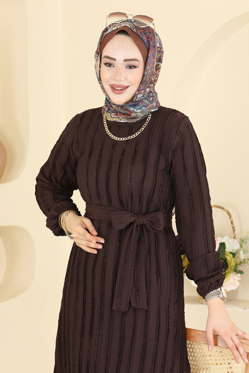Classic Long Striped Dress - Light Brown