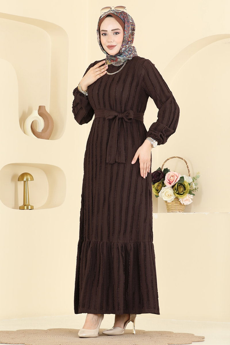 Classic Long Striped Dress - Light Brown
