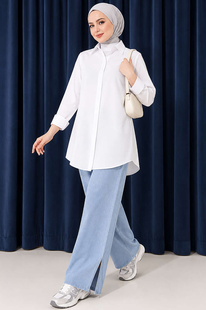 Classic-Collar Curved-Hem Shirt - White