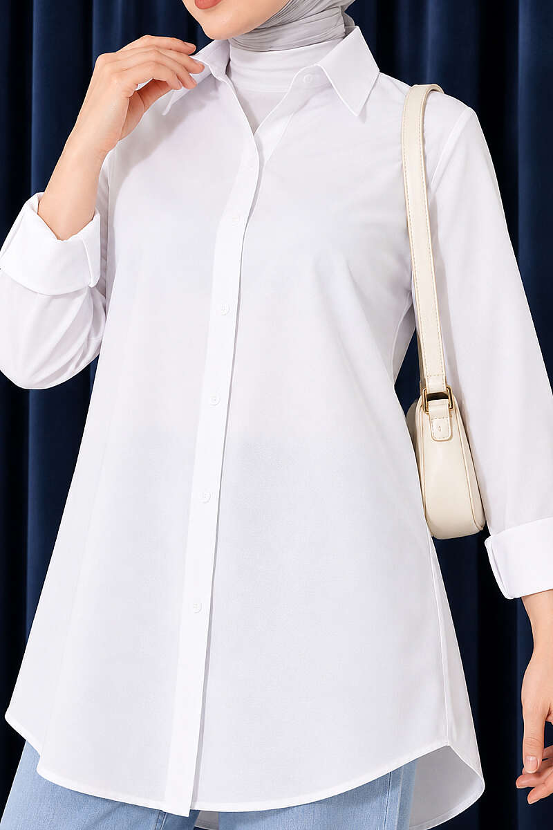 Classic-Collar Curved-Hem Shirt - White