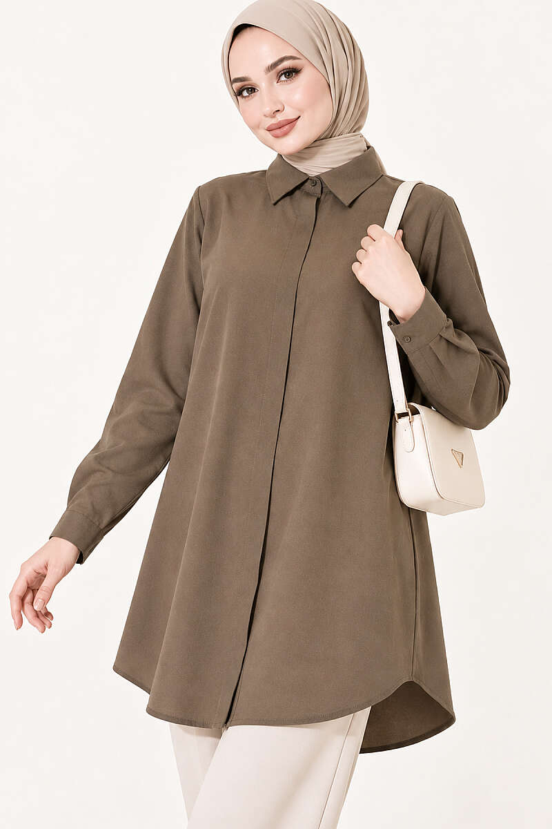 Classic-Collar Curved-Hem Shirt - Khaki