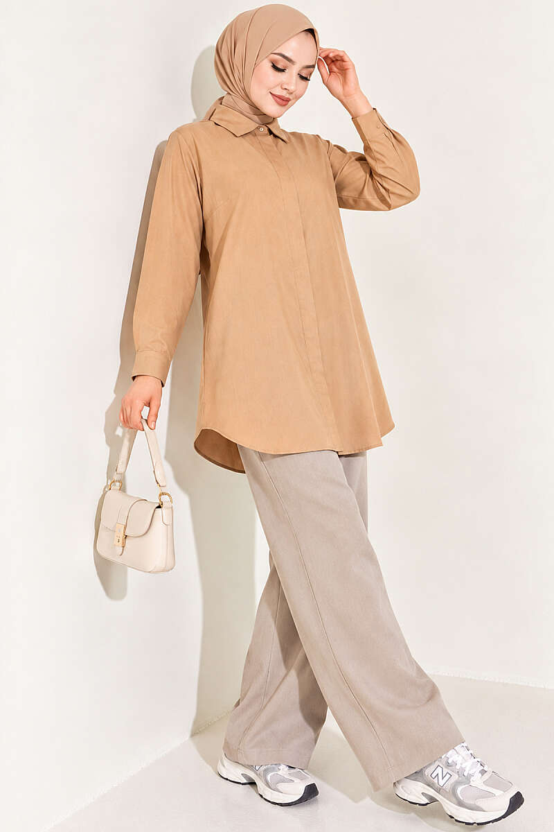 Classic-Collar Curved-Hem Shirt - Latte