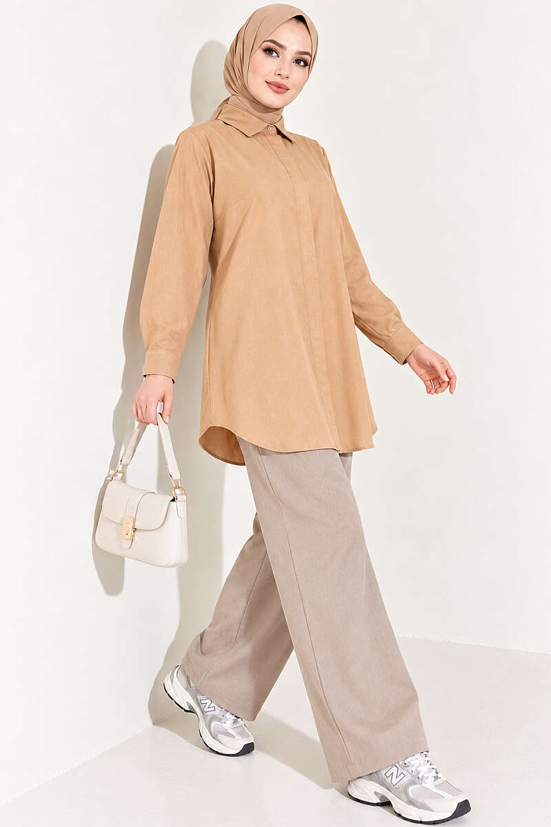Classic-Collar Curved-Hem Shirt - Latte