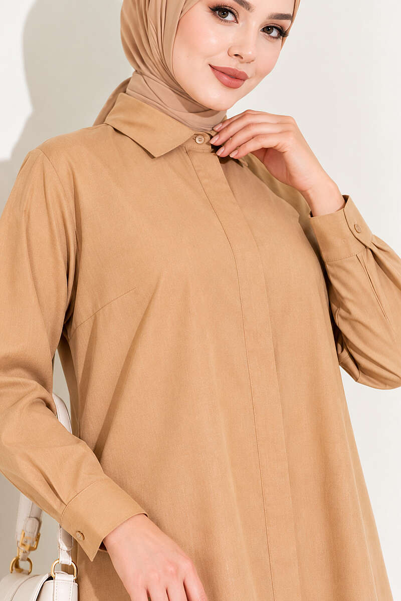 Classic-Collar Curved-Hem Shirt - Latte