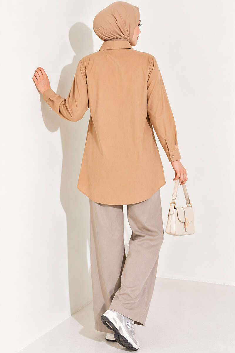 Classic-Collar Curved-Hem Shirt - Latte