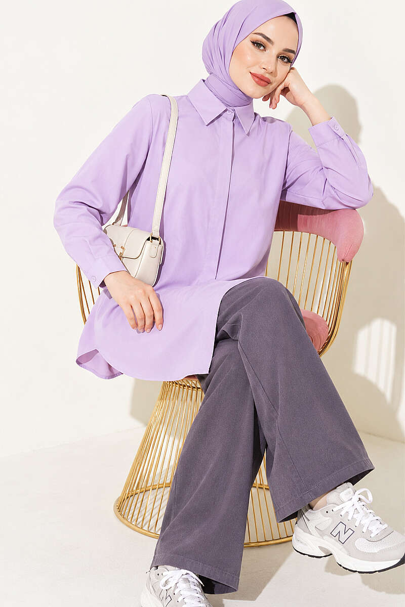 Classic-Collar Curved-Hem Shirt - Lilac